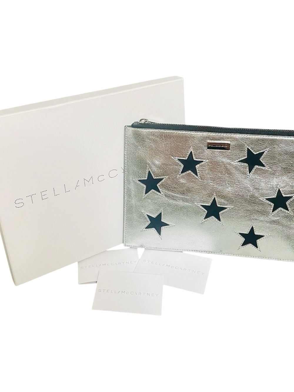 Stella McCartney Silver Clutch with Matte Black Stars New w Tags & Original Box